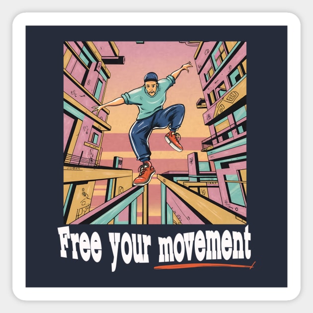 Free Your Movement - 90s Nostalgic Parkour Guy Illustration Sticker by Tecnofa